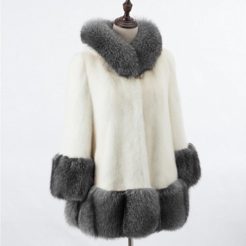 Faux fur jacket imitation mink women's jacket imitation fox fur collar hooded medium and long artificial fur