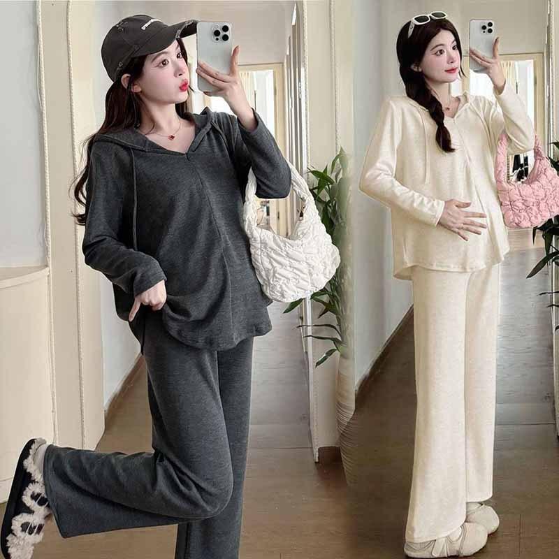 Maternity clothes hooded semi-open chain sweater spring autumn and winter loose and thin commuter top