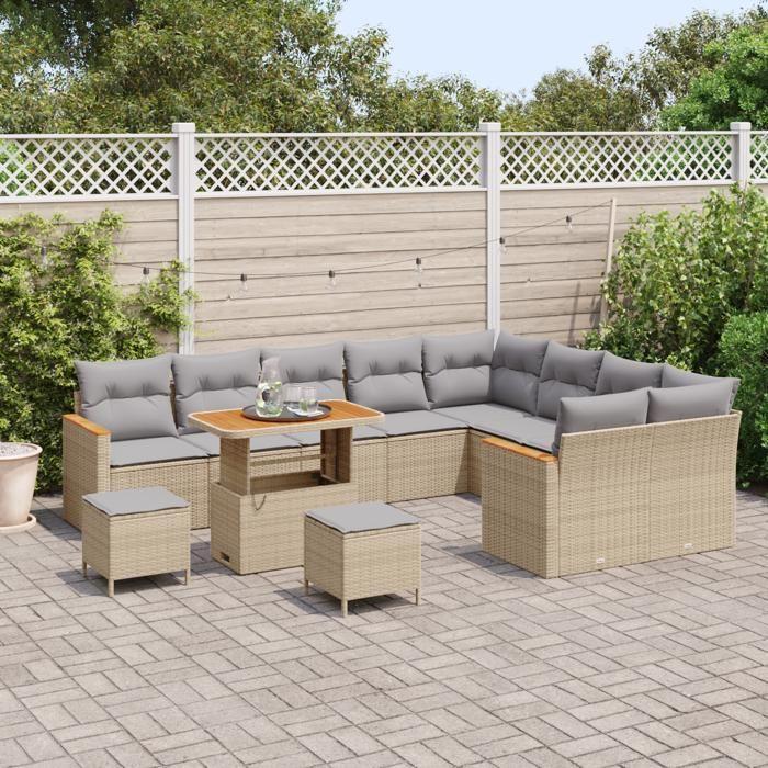 Ensemble de 12 Canapés de Jardin avec Coussins Beige Rattan Poly Acacia, Ensemble de Dîner de Jardin 3 Pièces 3365037