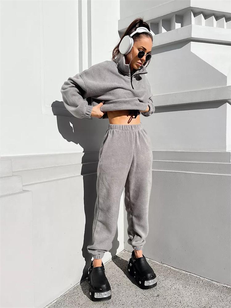 New European and American casual women's set, solid color long-sleeve, zip-up collar, waist-cinching sweatshirt, two-piece tie pants set