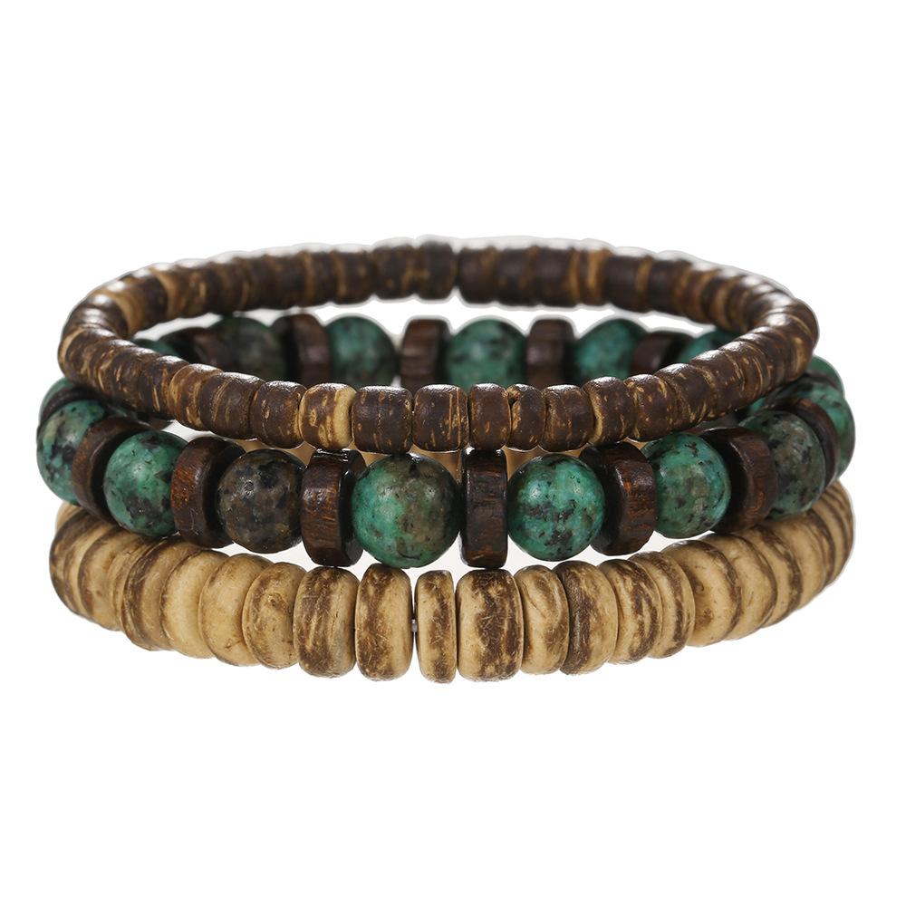 Natural Stone Wood Chip Coconut Shell Elastic Beaded Bracelet Set Retro Couple Beach Bracelet