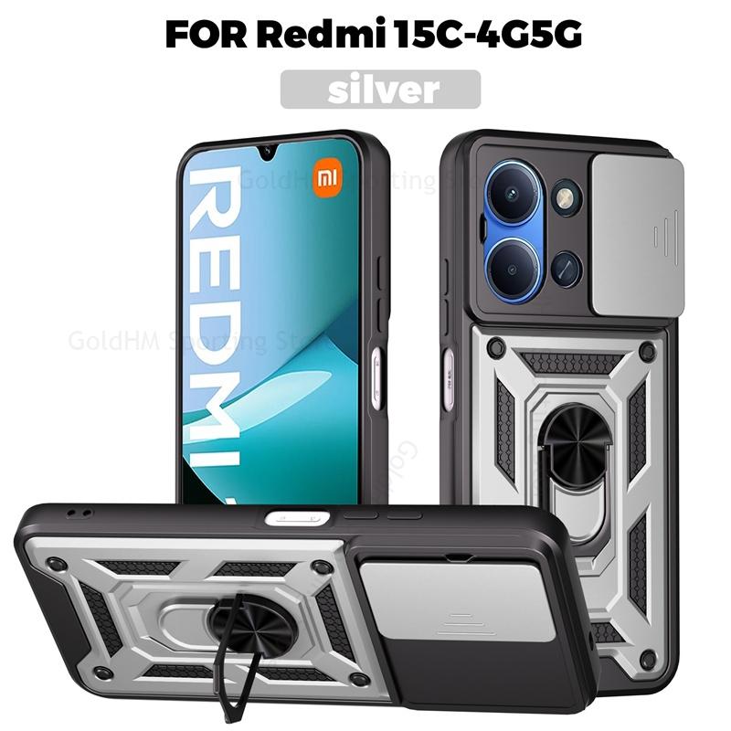 Armor Shockrpoof Hybrid Heavy Duty Phone Case For Xiaomi Redmi 15C 14C 13C Magnetic Ring Holder Stand Slide Lens Cover Redmi Note 14 12 13 15 Pro Plus
