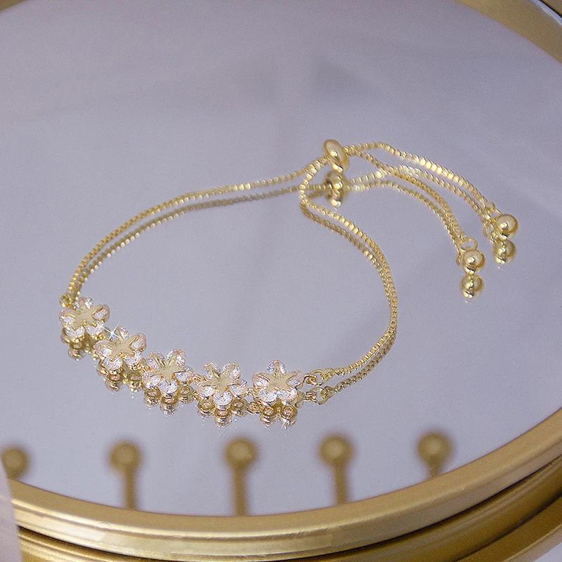 Korea Hot Fashion Zircon 14K Real Gold Plating Copper Inlaid AAA Zircon Bracelet Flower Stretch Adjustable Women Bracelet