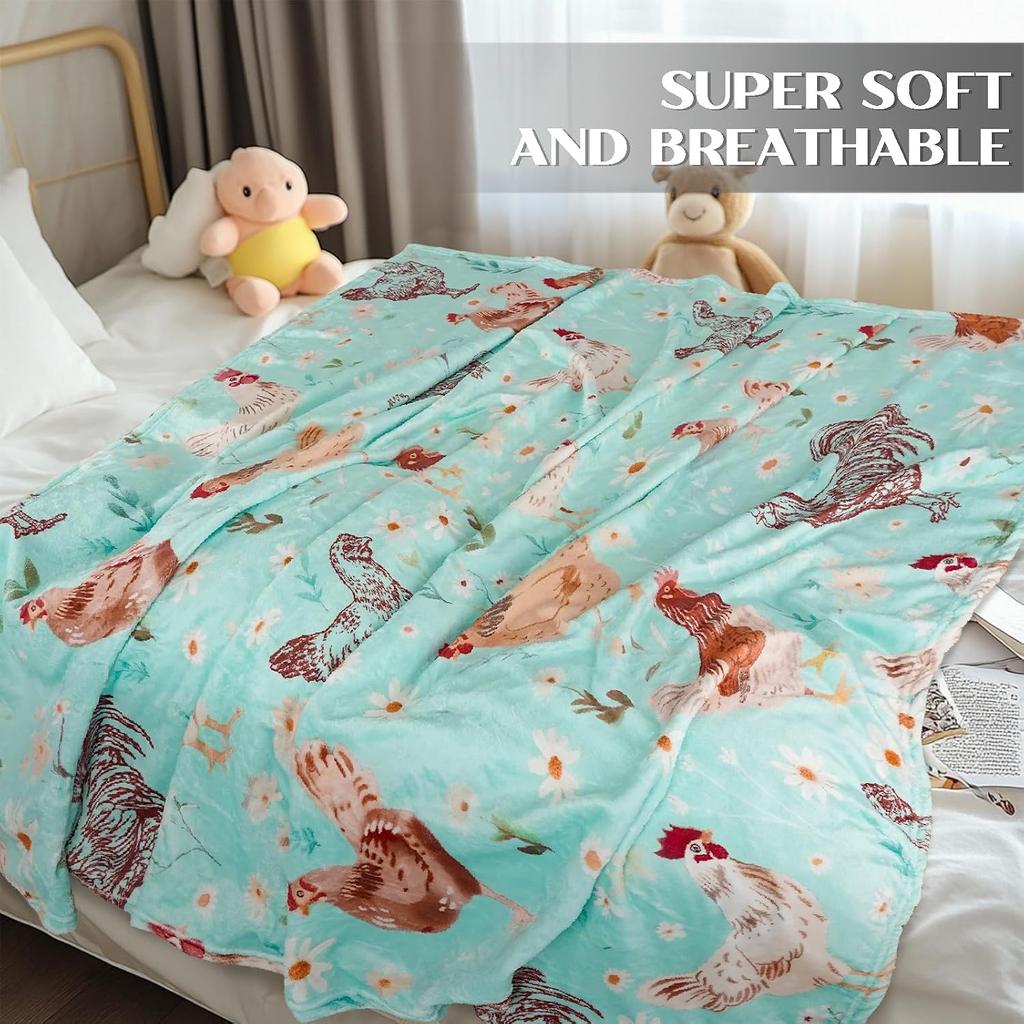Soft Flannel Throw Blanket Rooster Hen Daisy Floral Print Lightweight Cozy Warm Sofa Bed Farm Home Decor