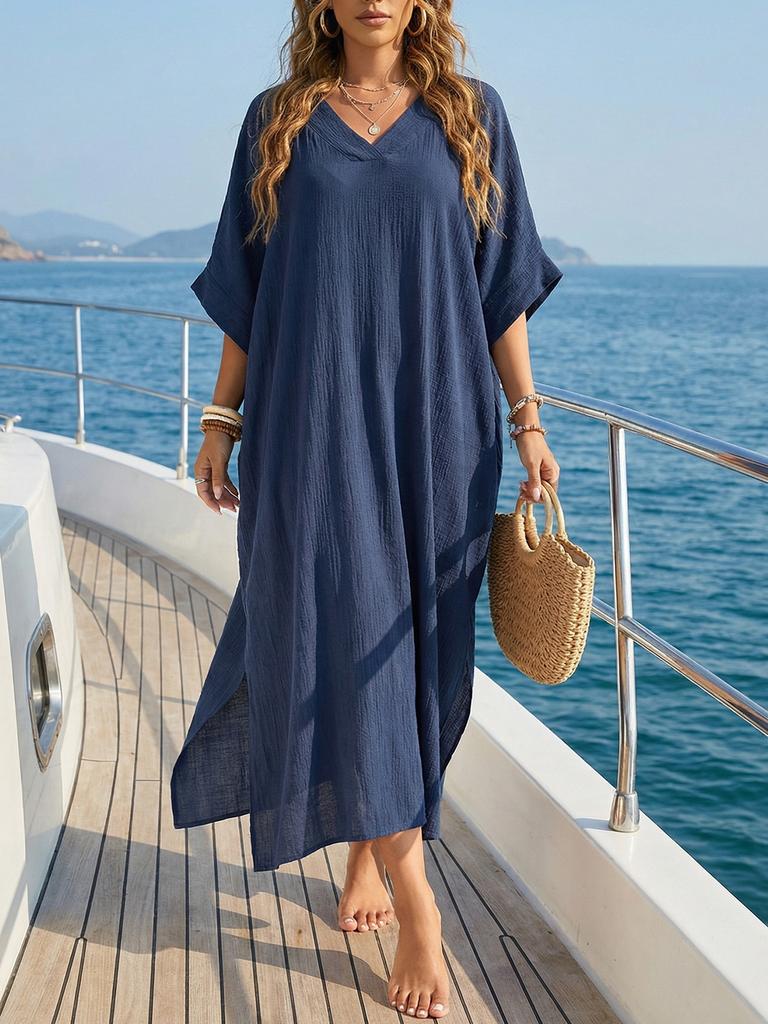 Women's Beach Blouse Summer Women's New V-neck Loose Casual Dress Split-ended Floor Mopping Dress Women