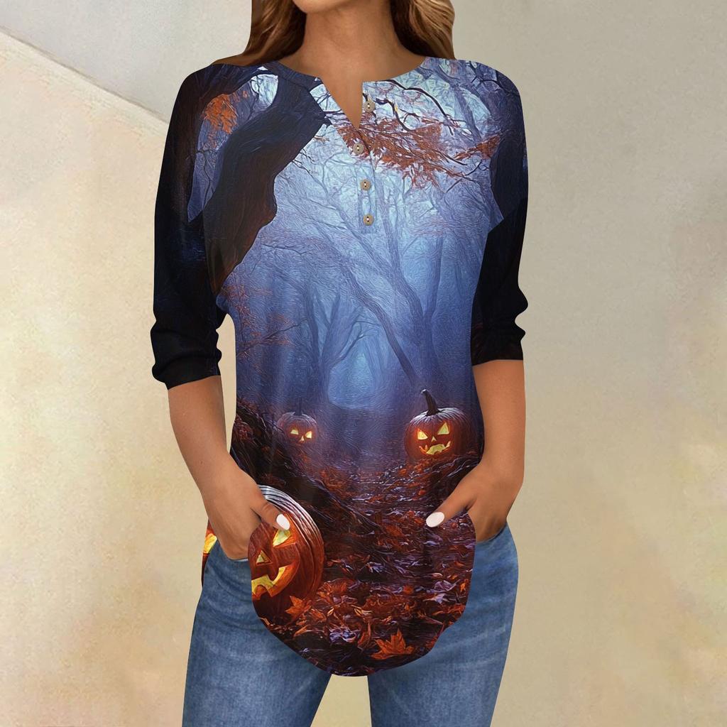 Women's Fashion Loose Button Collar Halloween Print Long Sleeve T-Shirt Top Pullover