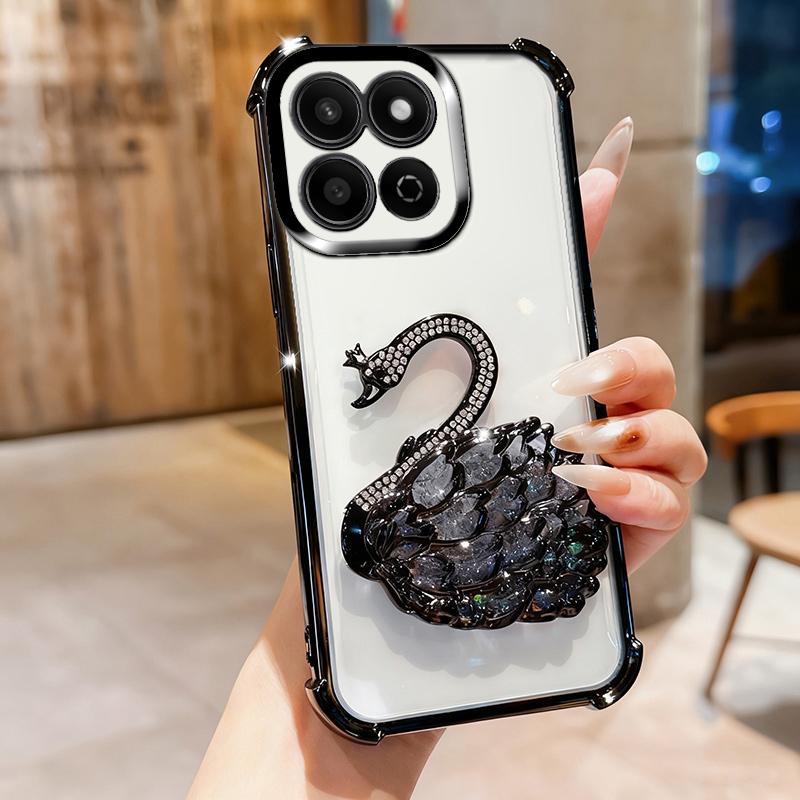 KEYSION Shockproof Plating TPU Phone Case for HONOR X7c Glitter Jewelled Swan kickstand Back Cover for Honor 200 Smart 5G