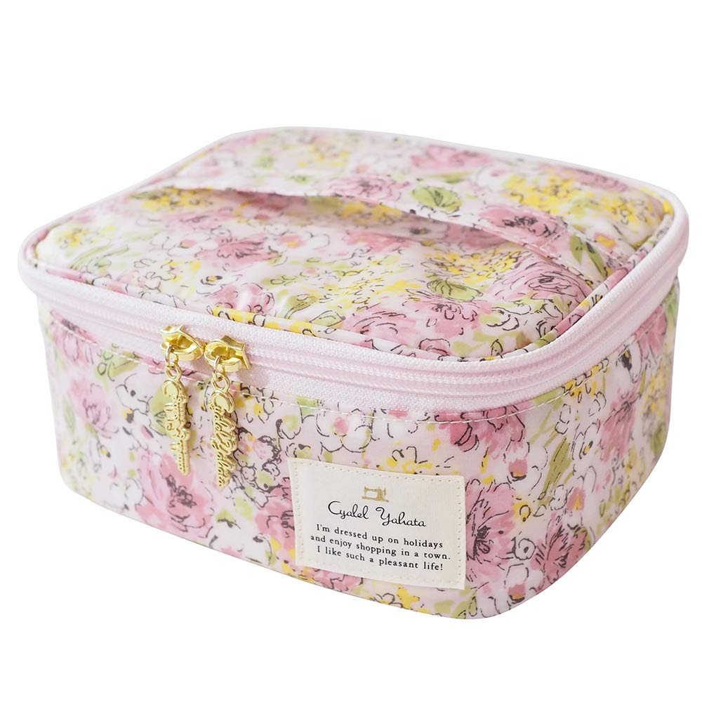 Floral Vanity Pouch with Large Cute and Includes Brush Portable and Made in LC Nicola Pink Women's Capacity, Stylish, Pocket, Travel-Friendly, Japan,