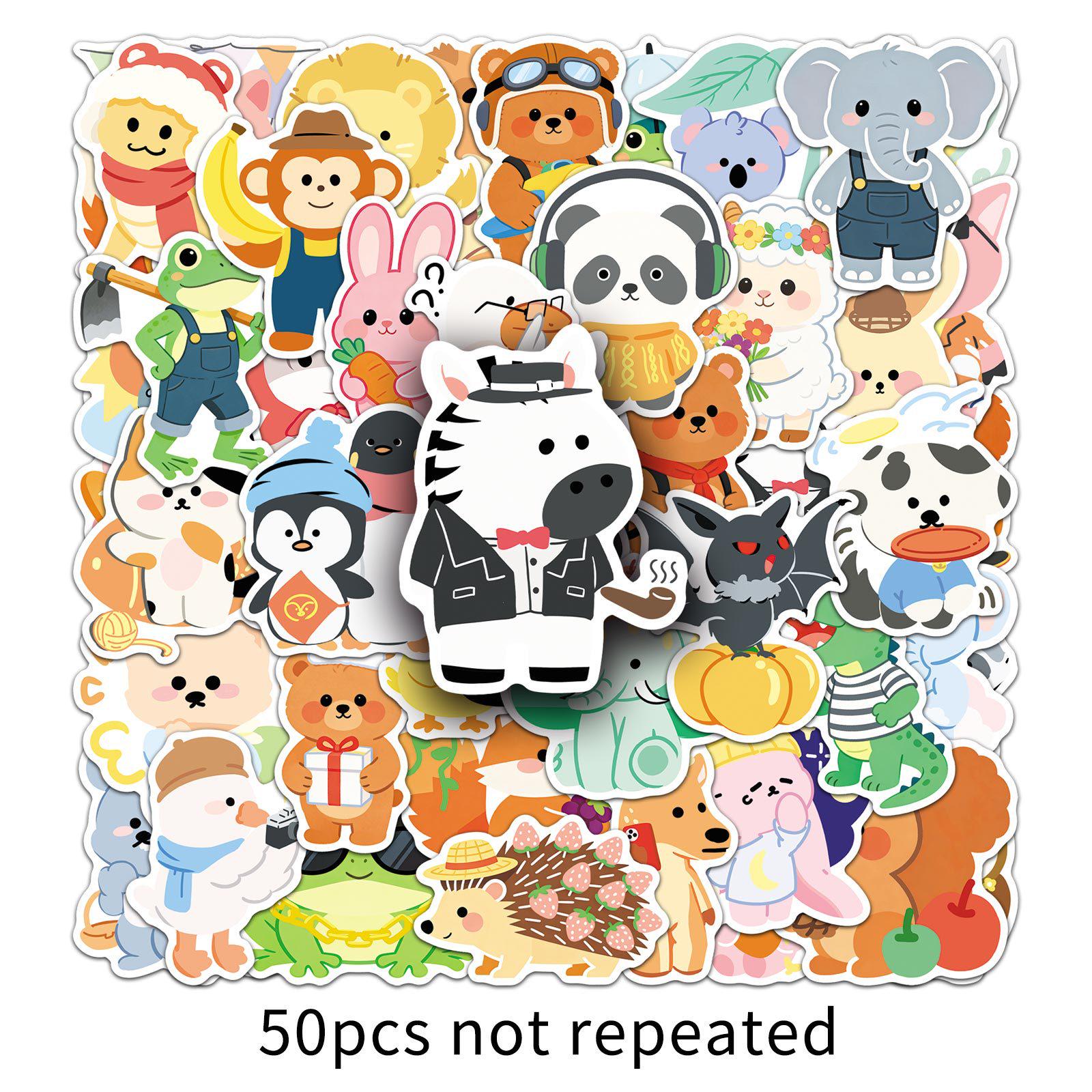 50 Cute Animal Stickers: Hand-Painted, Waterproof Cartoon Decorations for Phone and Thermos