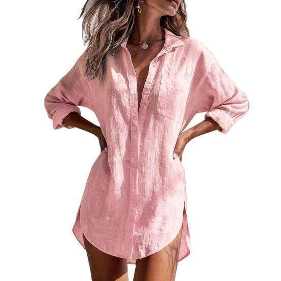 

Women Shirt Lapel Long Sleeve Casual Shirt with Buttons Placket Patch Pocket Pure Color Loose Fit XXL розовый