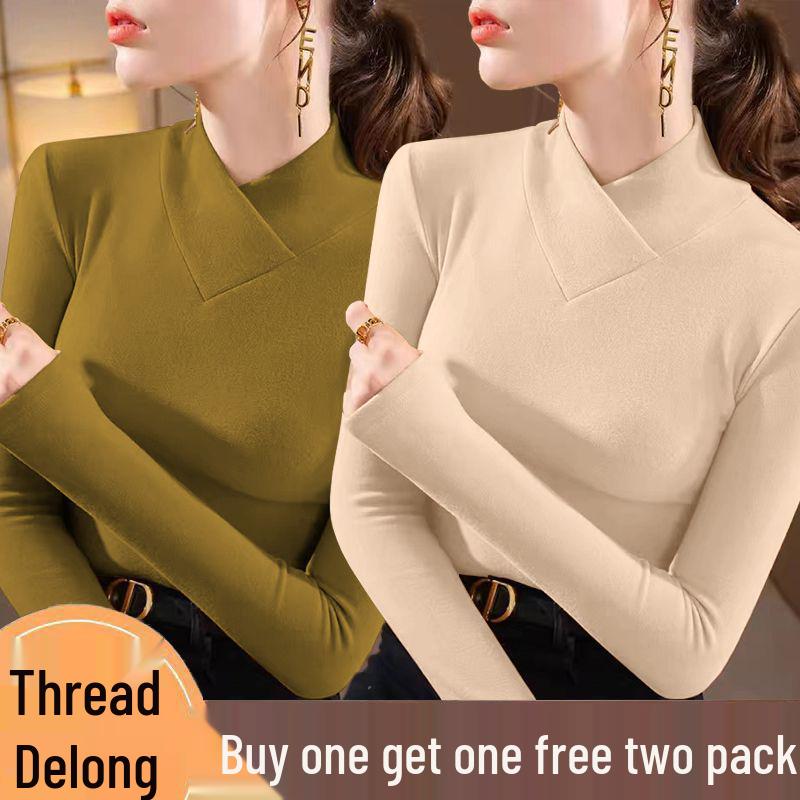 Double-sided Threaded Semi-high Neck Slim-fit Warm Base Layer Top for Women - Autumn/Winter Long-sleeve T-shirt