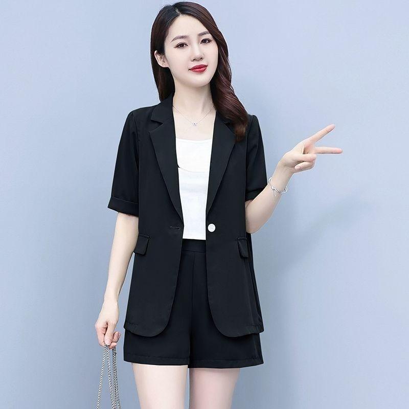Summer Casual Short Sleeved Blazrs Jacket Matching Set Women's Fashion Professional Suit Coat Shorts Two-piece