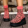 Women Punk Ankle Boots Leopard Design Platform Motorcycle Boots Lace Up Block Heel Comfortable Casual Outdoor Shoes