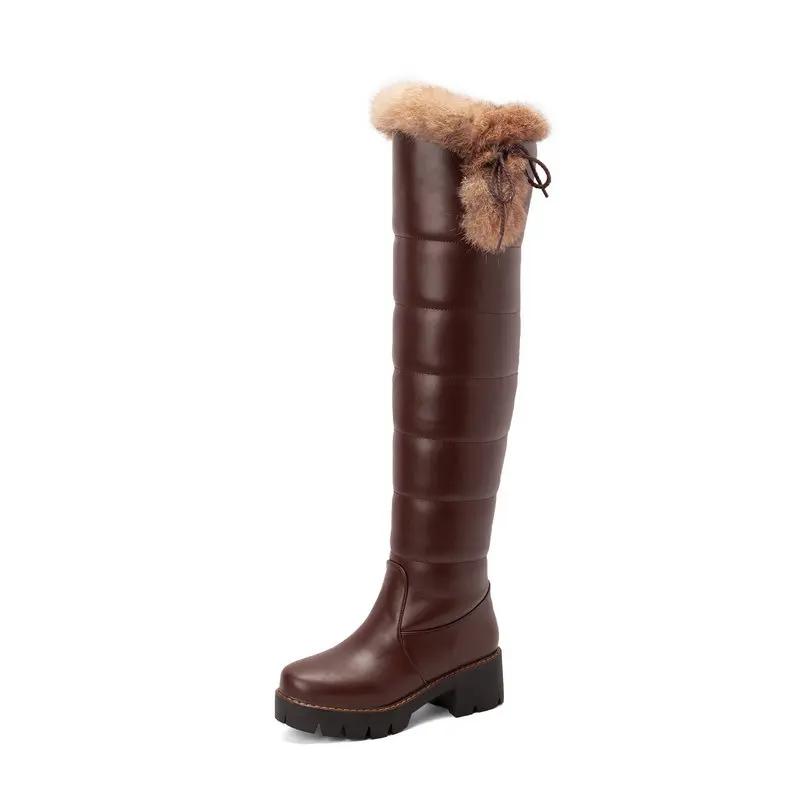 Fashion Waterproof Cold Winter Russia Female Warm Shoes Platform Chunky Heels Plush Over-the-knee Snow Boots with Real Rabbit Fur Pom