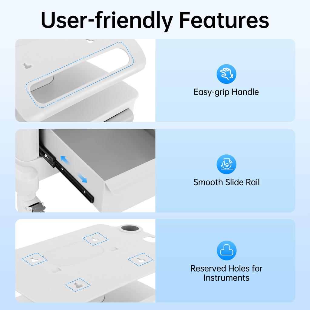 Beauty Trolley Cart ABS Mobile Storage Organizer with 3 Drawers, 30kg Load & 4 Wheels for Salon Clinic Spa