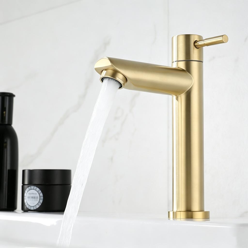 SUS304 Stainless Steel Waterfall Basin Tap Brushed Gold Single Cold Water Faucet for Bathroom Vanity