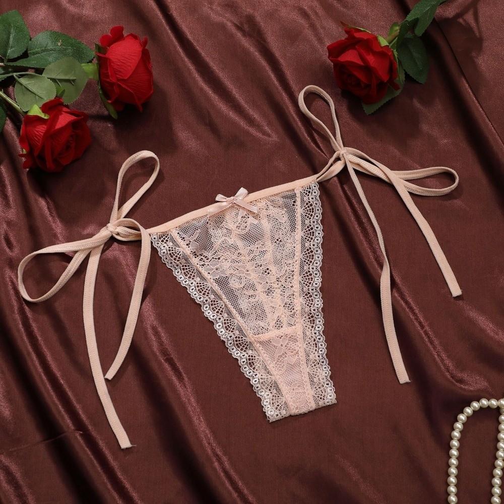 Adjustable Waist Strap Bow Lace Flower Transparent Briefs Low Waist Romantic T Panties Lady
