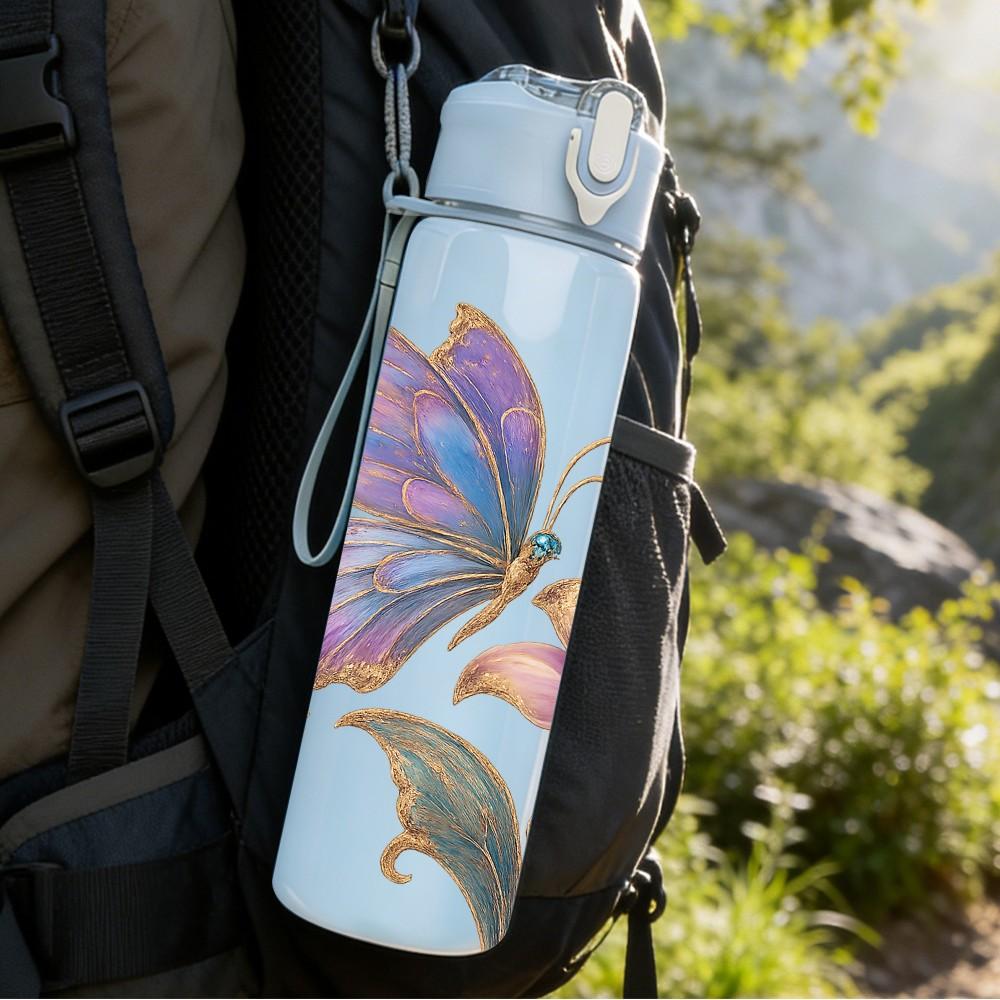 1PC Butterfly On Pink Peony Flower Print 750ml Color Plastic Sports Water Bottle Leakproof Flip Straw Lid Suitable for Sports Office Home Use