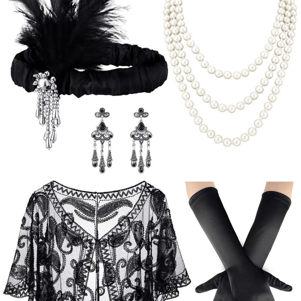 Gatsby Party Zubehör Set: Feder Stirnband, Perlenkette, Zigarettenhalter, Handschuhe, Schal - Retro Hepburn Kostüm Essentials.