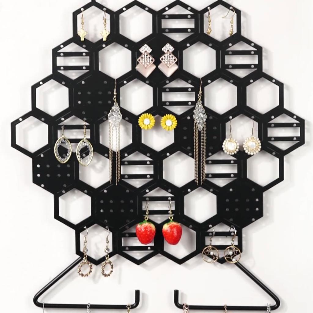Hanging Jewelry Wall Holder Honeycombs Shape Display Storage Wall Mounted Jewelry Rack Black