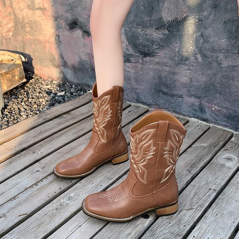 Cowhide version~ 2025 new embroidered long knight boots square head thick heel boots autumn leather western cowboy boots women