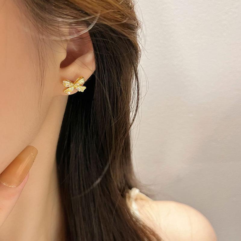 Sweet Girl Heart Bow Earrings Pearl Earrings Retro Style Lazy French Style