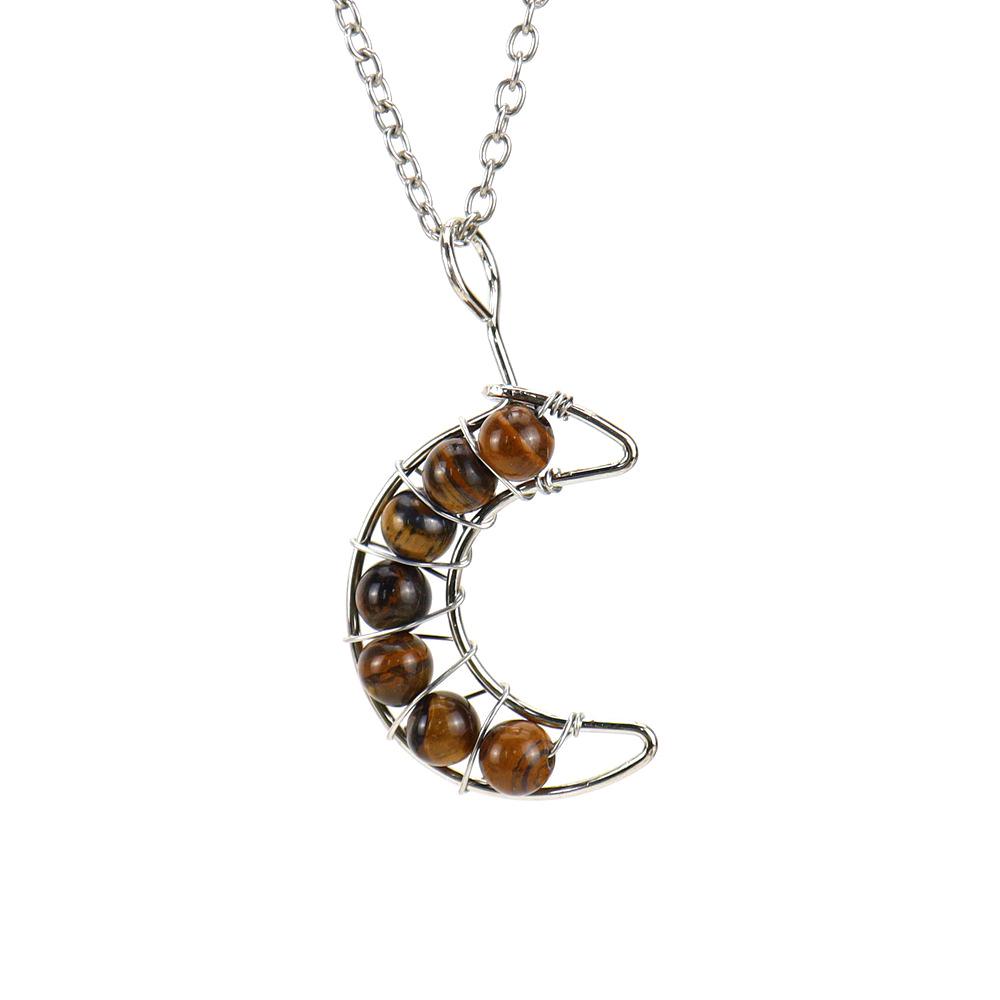 Handcrafted Wire Wrapped Seven-Color Crystal Moon Pendant Necklace