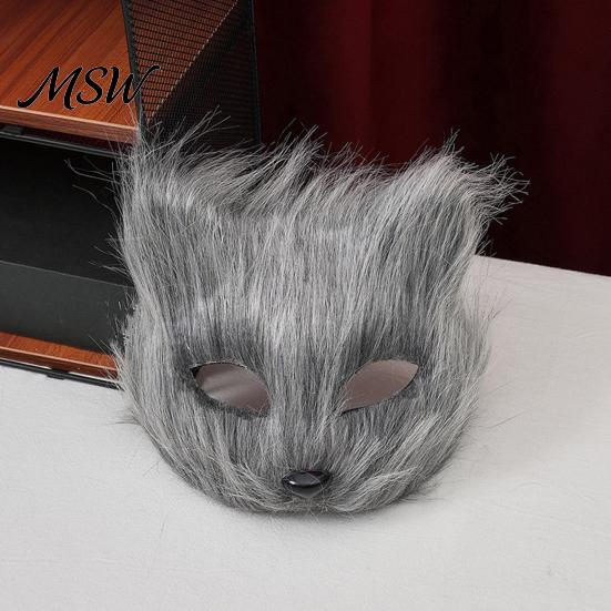 Halloween Costume Accessories Long Fur White Fox Half Face Mask, Masquerade Cosplay Adjustable Mask Elegant Fairy for Ancient Style Photoshoot