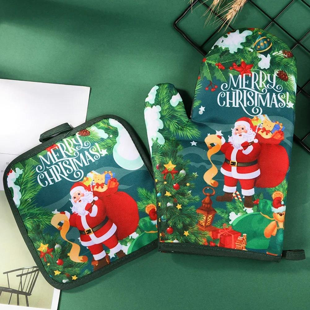 Kitchen Gloves Insulation Merry Christmas Pad Cooking Microwave Gloves Baking BBQ Oven Pot Holders Oven Mitts Potholder Pad