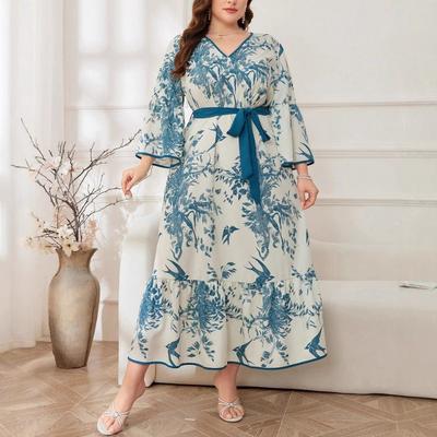 Vestido Feminino Plus Size Outono Nova Moda Estampa Temperamento Commuter Decote V Evasê Comprimento Médio