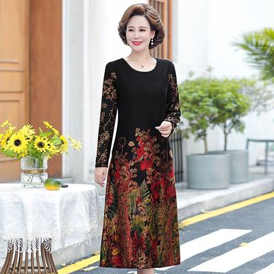 Autumn Women's Printed Dress Round Neck Loose Long Floral Dress A-Line Plus Size Dress