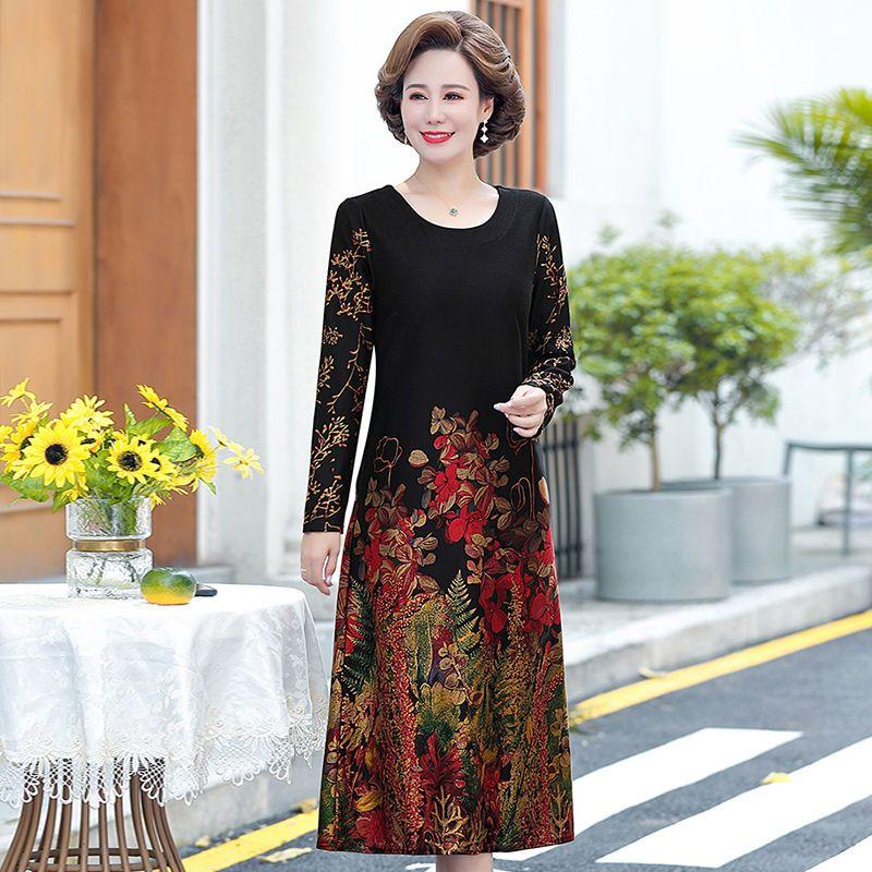 

Осеннее женское платье с принтом, круглый вырез, свободное, длинное, с цветочным узором, А-силуэта, большого размера XL чёрный