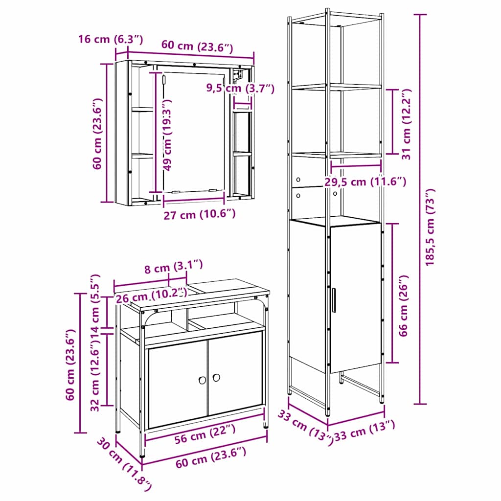 Bathroom Furniture Set 3 pcs Black Oak Effect Wood Based Material