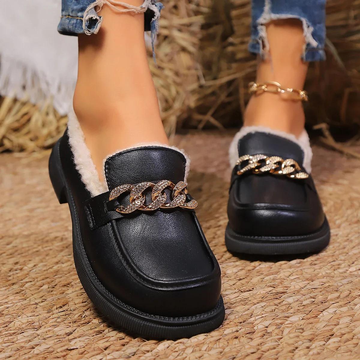 

Модные женские зимние мокасины с квадратным каблуком и круглым носком, сохраняющие тепло, женская обувь для отдыха на открытом воздухе, бархатная подкладка, повседневные поездки на работу, металлические украшения 42