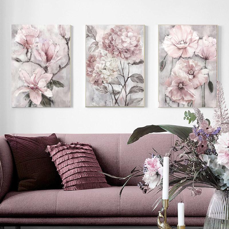 Pink Floral Posters Print for Nordic Bathroom Living Room Flower Wall Art Canvas Painting Home Wall Decor Pictures Farmhouse