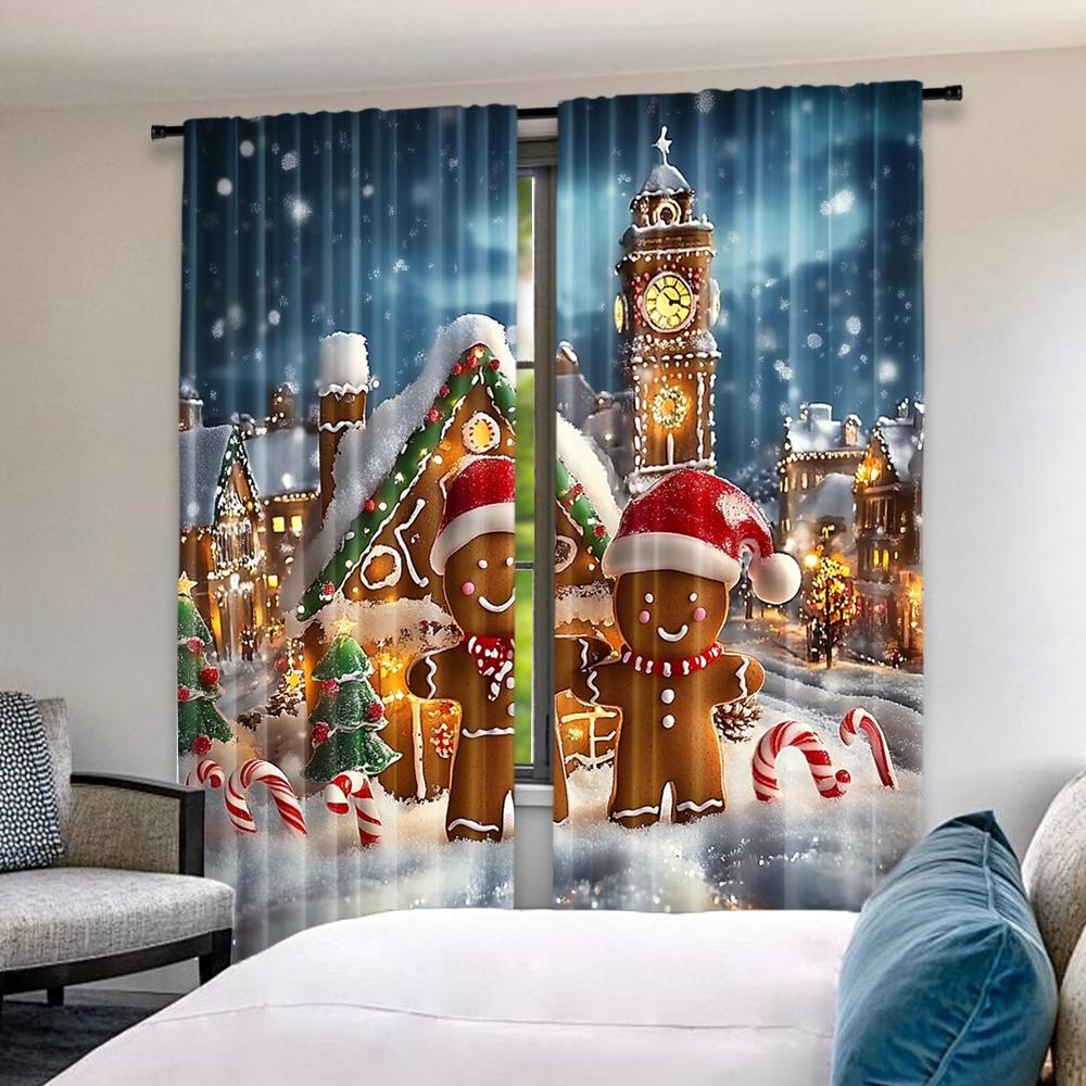 Flat Printing Christmas Party Curtain Gingerbread Fabric Without Electricity Festive Curtains Perfect Set Of 2 Made Polyester