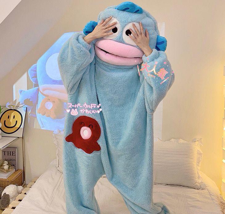 Autumn/Winter Shark Cartoon Hooded Pajama Set - Thick Coral Fleece Two-Piece Homewear