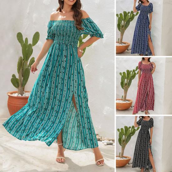 

Сексуальное женское платье макси с разрезом по бокам и гофрированной юбкой