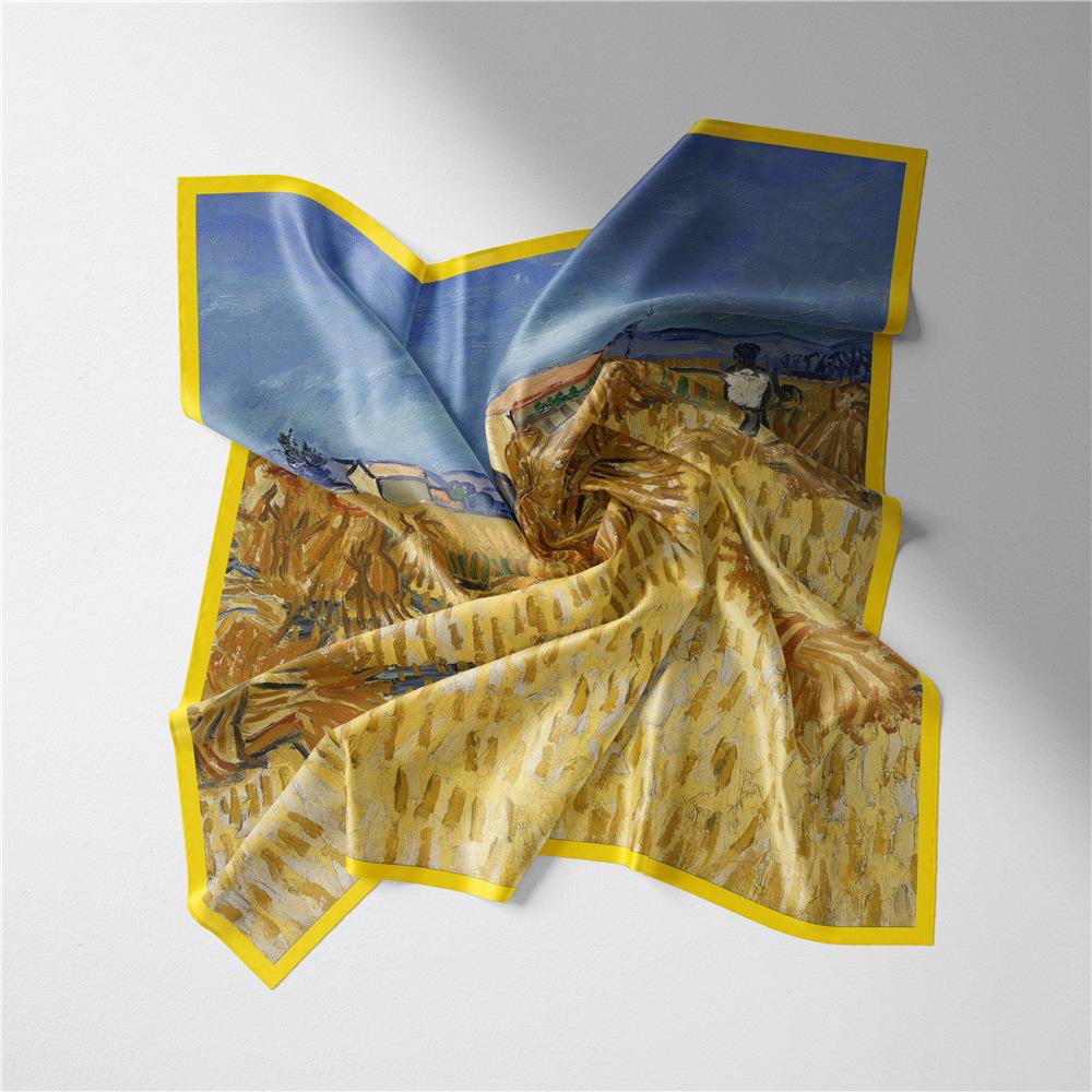 53cm Wheat Harvest Painting Square Scarf Woman  New Silk Scarf Women Bandana Luxury Headband Hijab Foulard Neckerchief