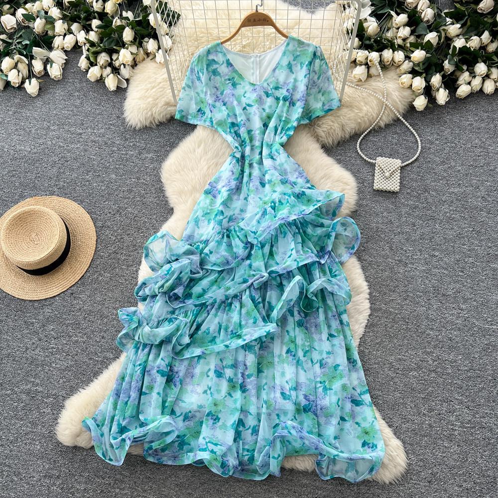 French gentle wind V-neck floral dress women's summer irregular short sleeves waist thin A-shaped long dress vacation style