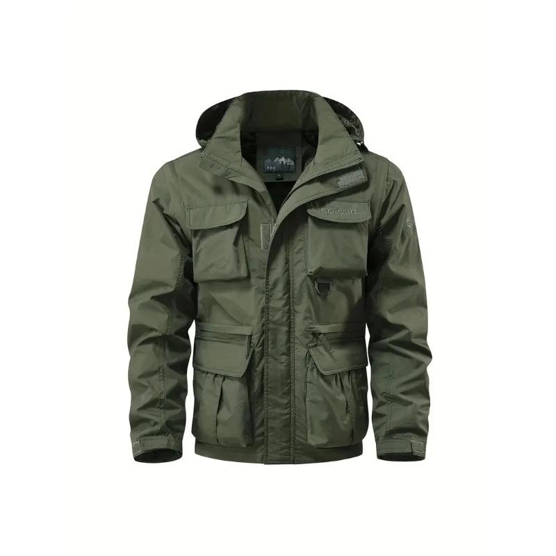 Detachable windproof sleeved hooded jacket suitable for outdoor activities men's casual waterproof multi pocket jacket vest