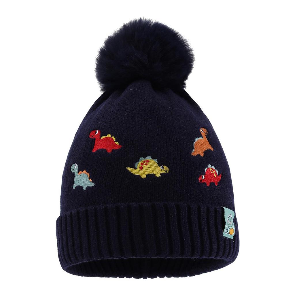 Cute Embroidered Little Dinosaur Children's Warm Knit Pom-pom Hat