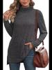 Women's High Collar Split Hem Solid Color Casual Stripe T-Shirt - Autumn/Winter 2023 Collection