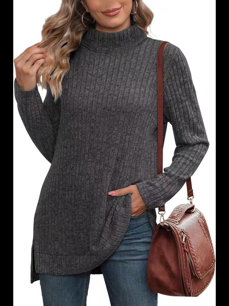 Women's High Collar Split Hem Solid Color Casual Stripe T-Shirt - Autumn/Winter 2023 Collection