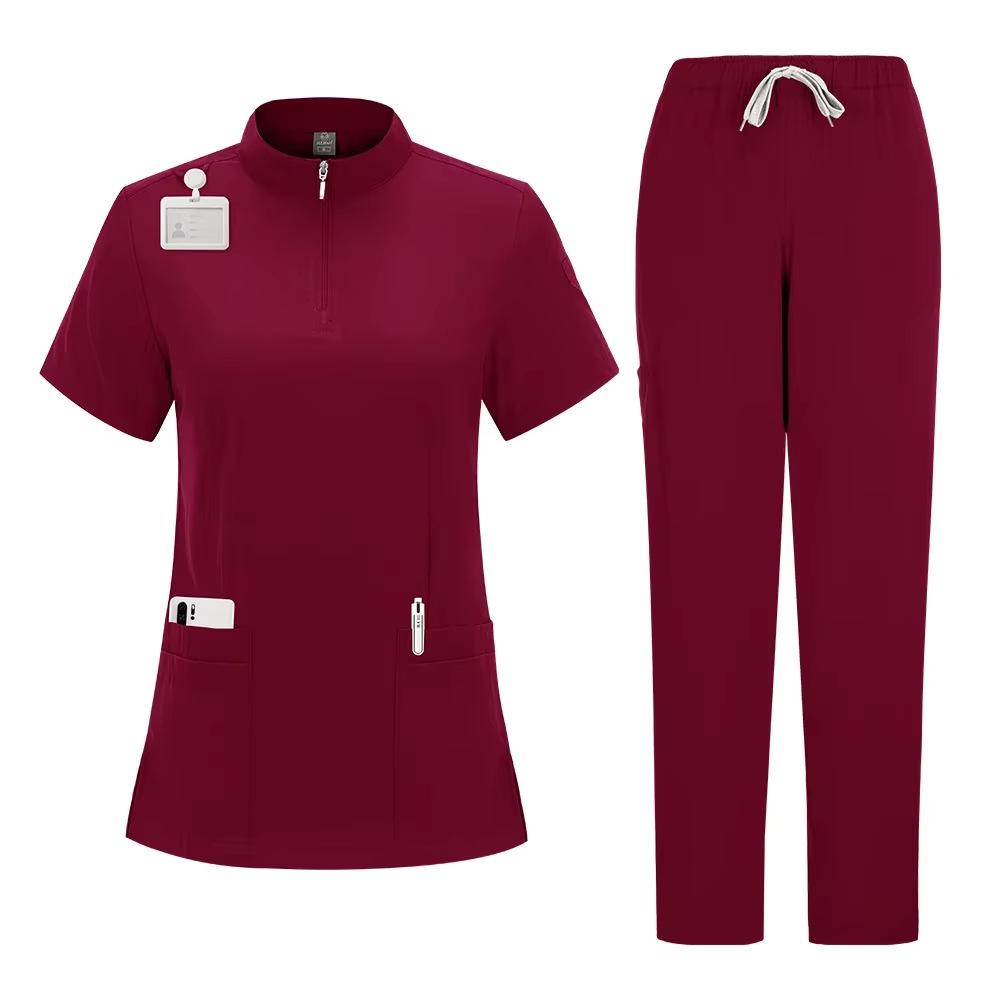 Solid Color Surgical Scrub Set: Stand-up Collar, Zipper Top, Straight Leg Pants