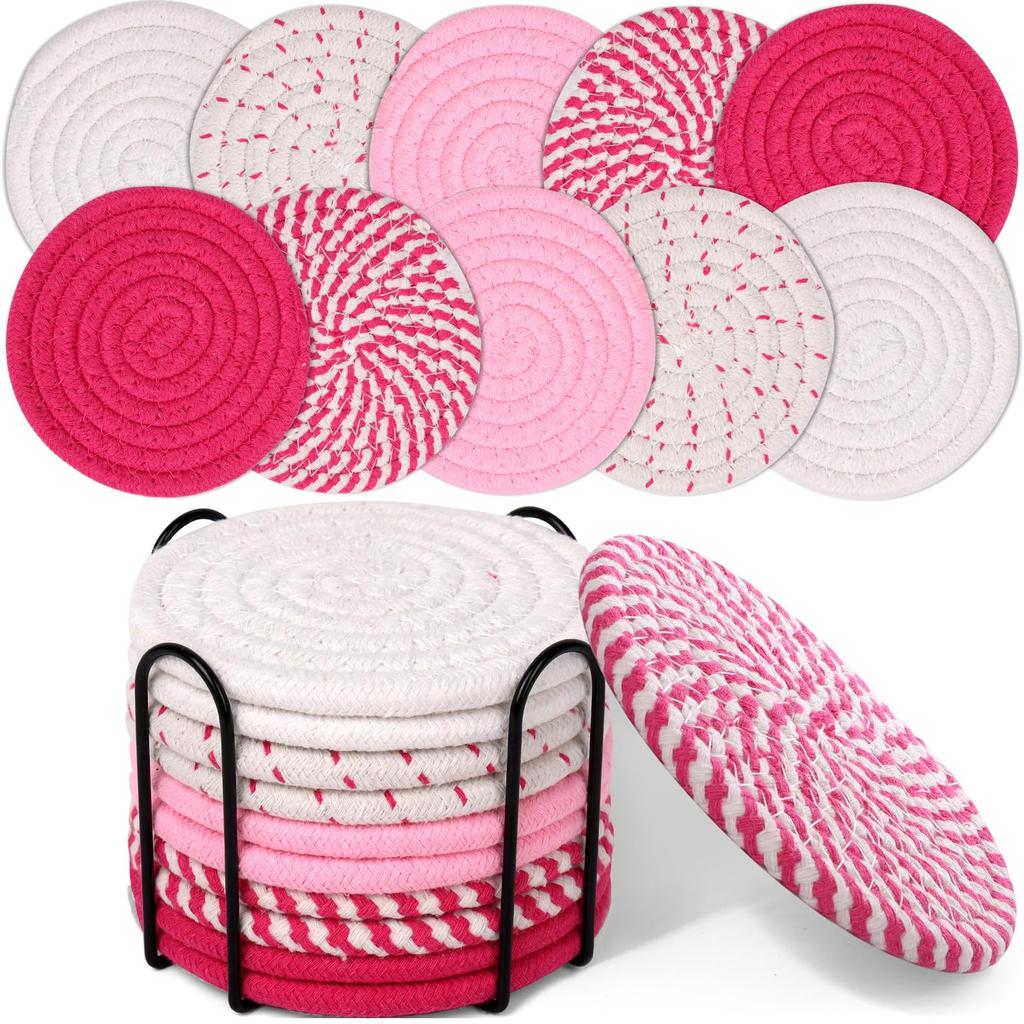 Drink Coasters with Holder, Absorbent Coasters for Coffee Table, Minimalist Cotton Woven Coaster Set for Home Decor Tabletop Protection .
