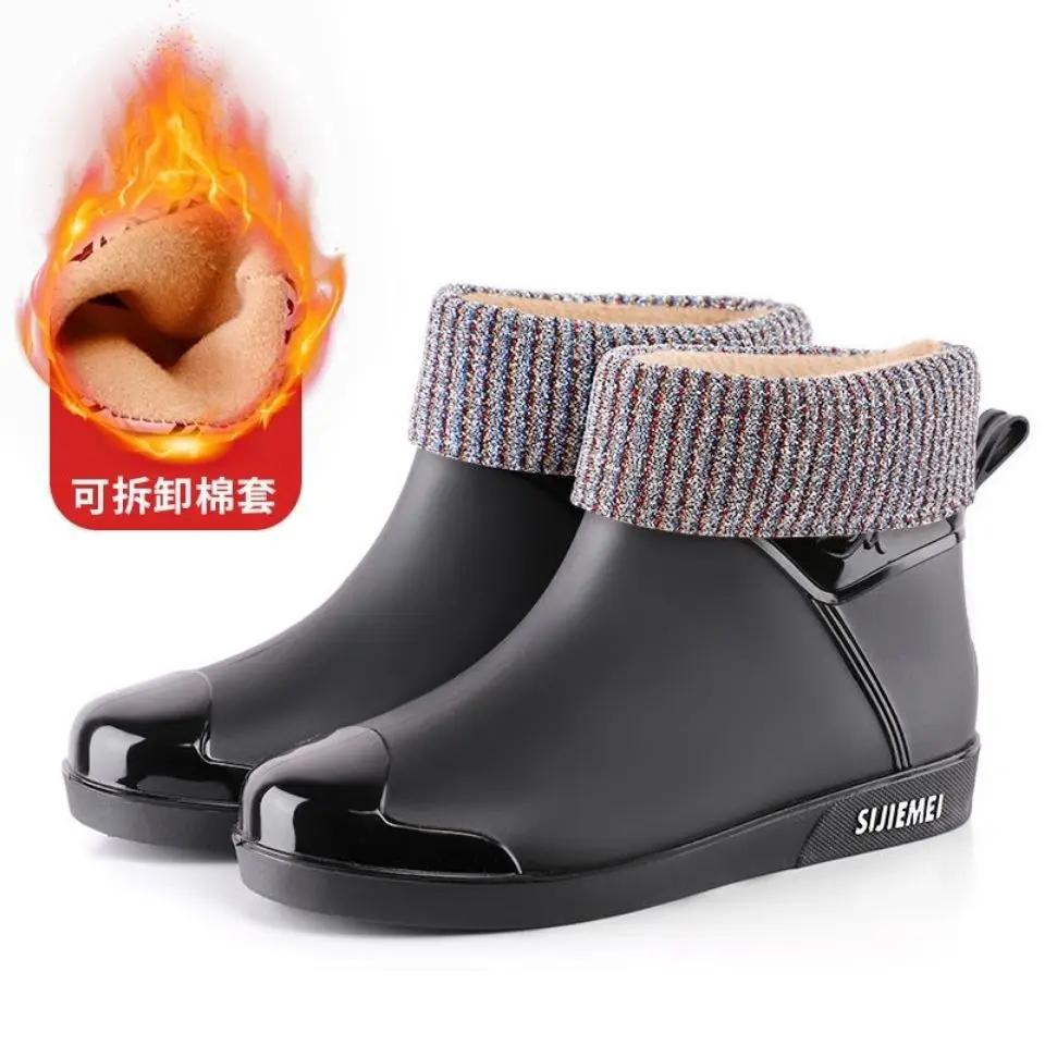 Fashion Women Rain Boots Korean High-heel Fashion Outdoor Short Tube Rain Boots Waterproof Shoes Warm Cotton Anti Slip Ankle Boots 2025