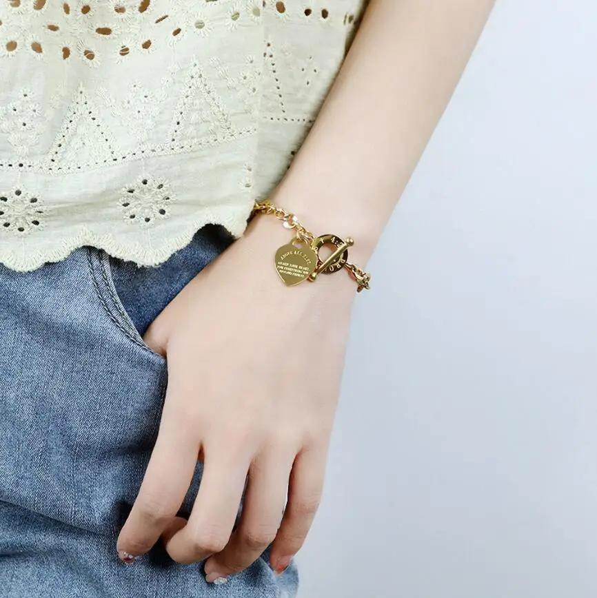 316L Edelstahl Herz Buchstaben Anhänger Runde OT Schnalle Armbänder für Frauen Modetrend Fein Exquisiter Schmuck Geschenk