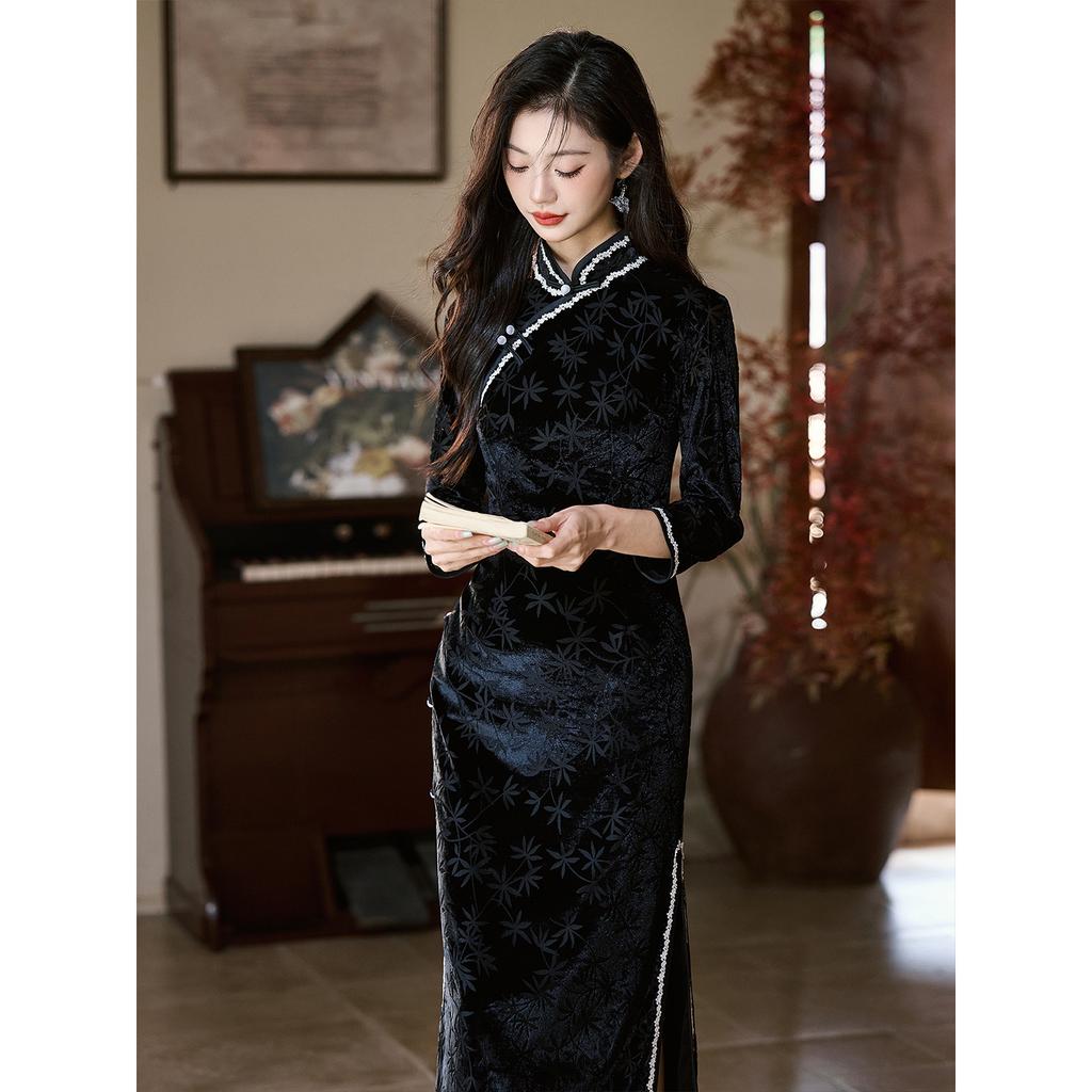 Luo Shibo retro Republic of China style black long-sleeved cheongsam 1011 autumn new slim and thin high-end daily