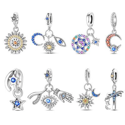 100% Copper Stars Moon Sun Zircon Eye Cross Charms Beads Fit Original Bracelets Diy Jewelry For Women Protect Gifts